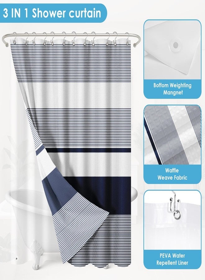 Nesphy Shower Curtain and Liner, Navy Blue Striped 3 in 1 Shower Curtain and PEVA Liner Set with 12 Rust-Resistant Metal Hooks, Waterproof Fabric Shower Curtains for Bathroom, 72 W x 72 H - Image 5
