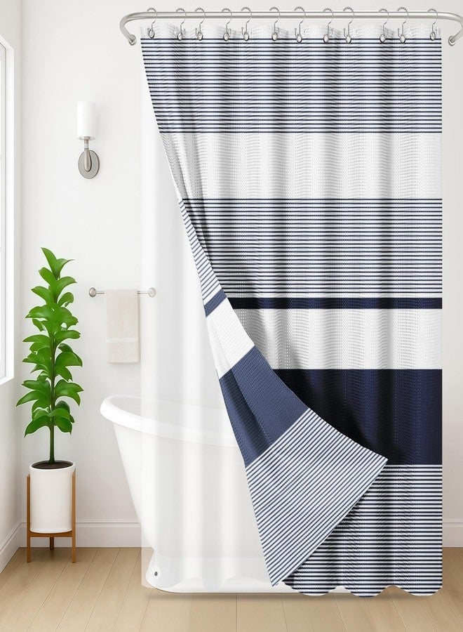 Nesphy Shower Curtain and Liner, Navy Blue Striped 3 in 1 Shower Curtain and PEVA Liner Set with 12 Rust-Resistant Metal Hooks, Waterproof Fabric Shower Curtains for Bathroom, 72 W x 72 H - Image 1