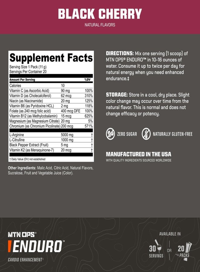 MTN OPS Enduro Nitric Oxide Pre Workout Powder Zero Sugar Stimulant Free Preworkout Caffeine Free Travel to Go Single Serve Packets with L Arginine L Citrulline 20 Count Black Cherry - Image 3