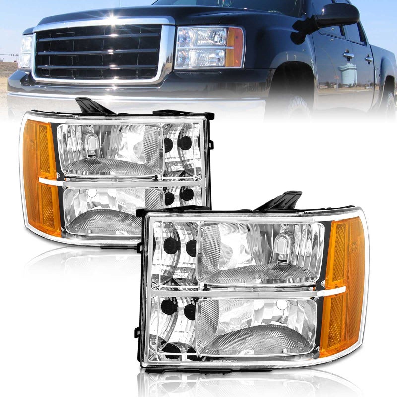 AS Headlights for 2007 2008 2009 2010 2011 2012 2013 GMC Sierra Headlights for 0713 Sierra 150007 08 09 10 11 12 13 14 Sierra 2500 HD3500 HD with Chrome Housing Amber Reflector Clear Lens Pair