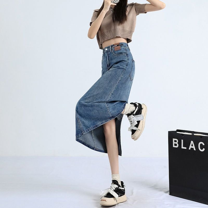 Z Korean Style High-Waisted Slit Denim Midi Skirt For Women, Spring/Summer Slim-Fit Pear-Shaped Retro Belt - Image 5
