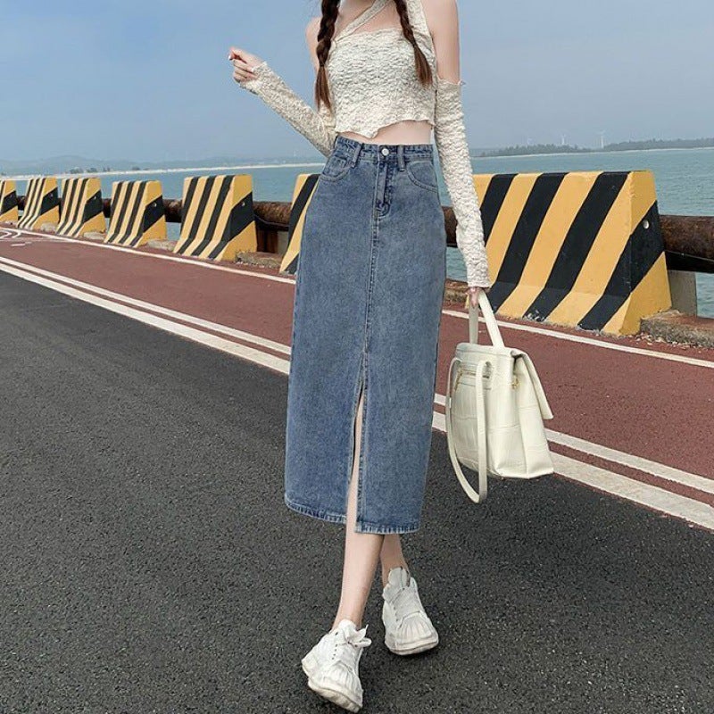 Z Korean Style High-Waisted Slit Denim Midi Skirt For Women, Spring/Summer Slim-Fit Pear-Shaped Retro Belt - Image 1