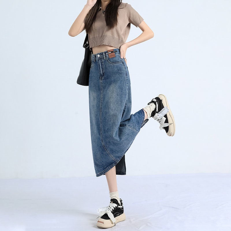 Z Korean Style High-Waisted Slit Denim Midi Skirt For Women, Spring/Summer Slim-Fit Pear-Shaped Retro Belt - Image 3