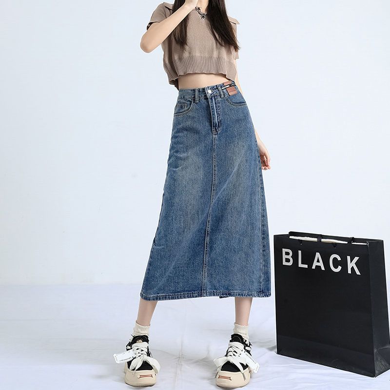 Z Korean Style High-Waisted Slit Denim Midi Skirt For Women, Spring/Summer Slim-Fit Pear-Shaped Retro Belt - Image 4