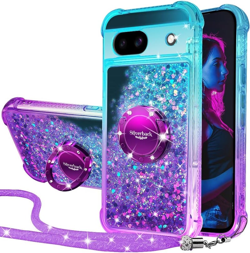 SILVERBACK for Pixel 8A 5G Case, Moving Liquid Holographic Sparkle Glitter Case with Kickstand, Girls Women Bling Diamond Ring Slim Protective Case for Google Pixel 8A 5G - Purple - Image 1