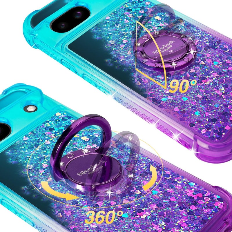 SILVERBACK for Pixel 8A 5G Case, Moving Liquid Holographic Sparkle Glitter Case with Kickstand, Girls Women Bling Diamond Ring Slim Protective Case for Google Pixel 8A 5G - Purple - Image 2