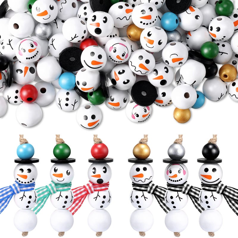 Vicenpal 450 Pieces Christmas Wooden Beads Winter Snowman Wood Beads Buffalo Plaid with Colorful Twine Scarf for Christmas Winter DIY Crafts Party Crafts DecorPure White