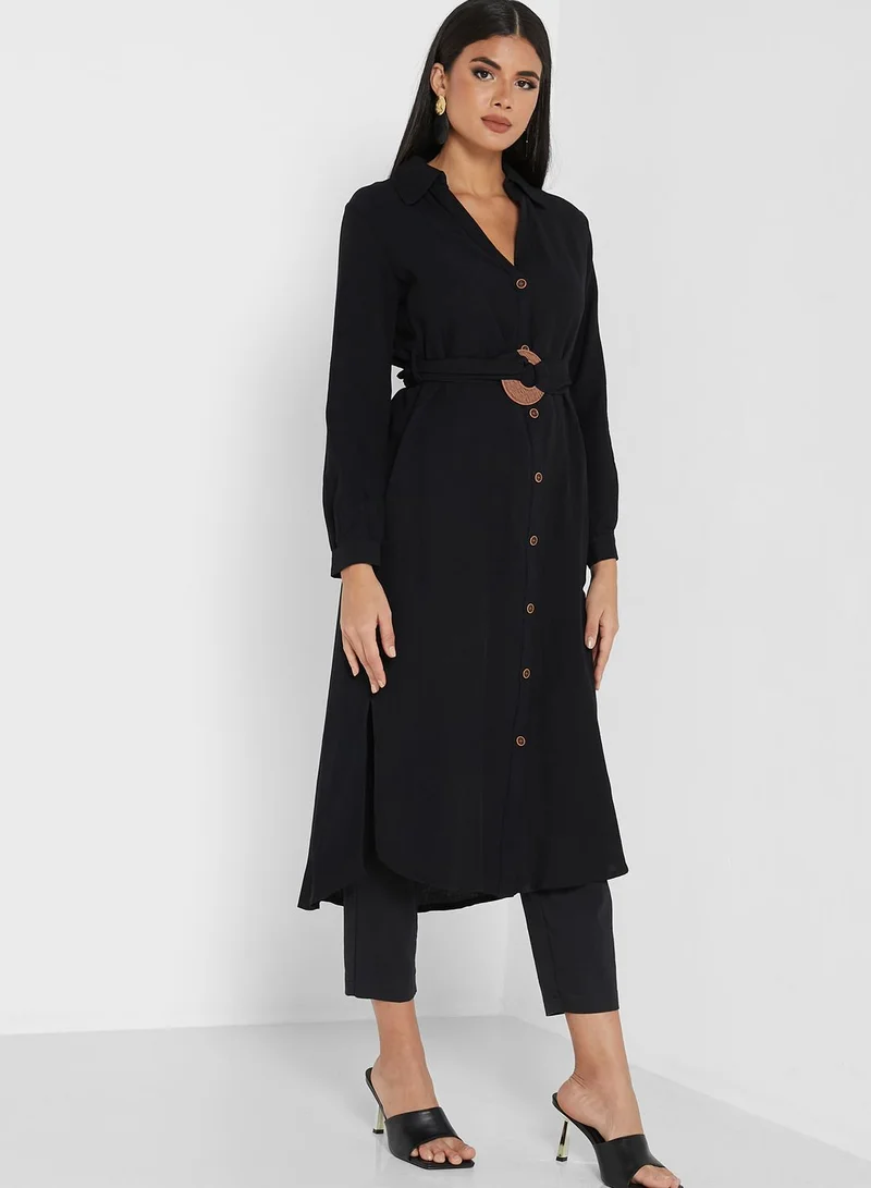 ANOTAH Pocket Detail Belted Button Down Dress
