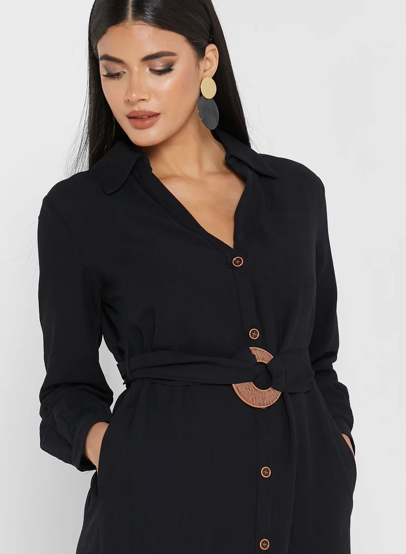 ANOTAH Pocket Detail Belted Button Down Dress