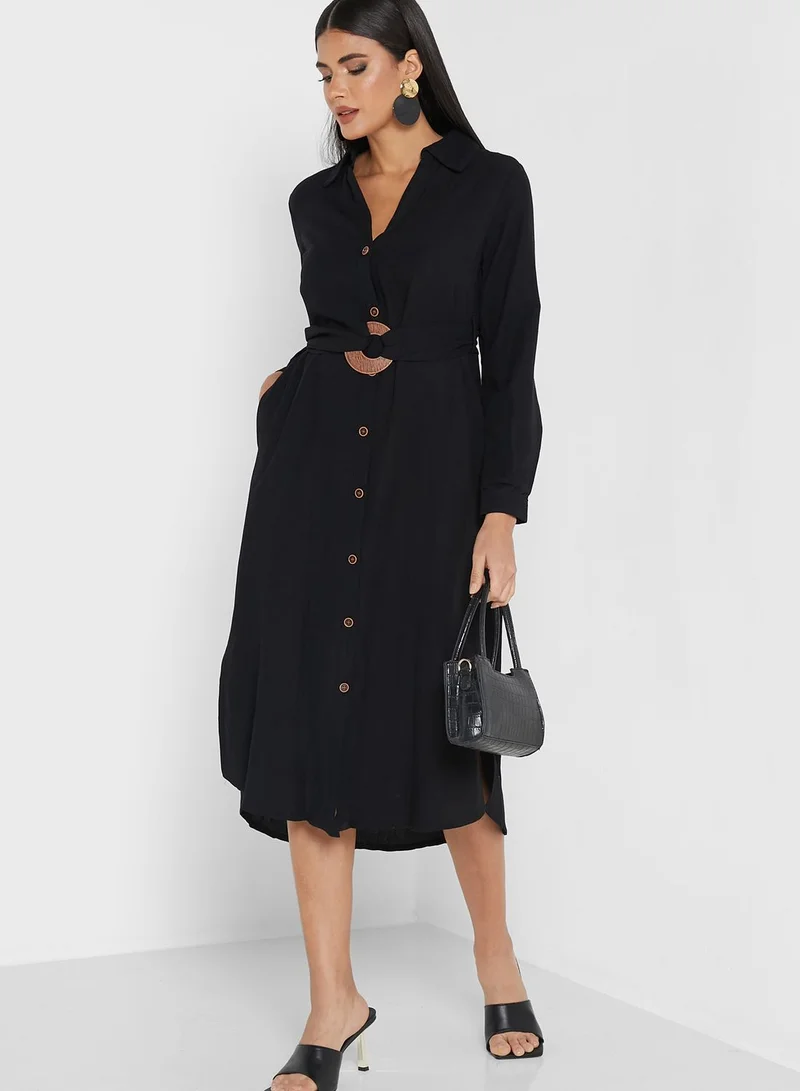 ANOTAH Pocket Detail Belted Button Down Dress