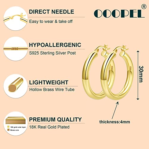 OOOPEL Steling Silver 4mm Thick Gold Chunky Hollow Tube Hoops Earrings - Hypoallergenic, Lightweight, Large (20/30/40/50/60MM) - Image 3