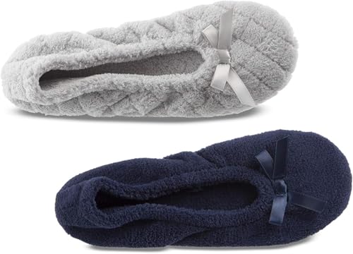 isotoner Women's 2 Pack Microterry Ballerina Slippers with Satin Bow, Suede Sole, and Terry Lining Ballet Flat, Light Grey Quilted, Navy Blue Solid, 9.5-10.5 - Image 3