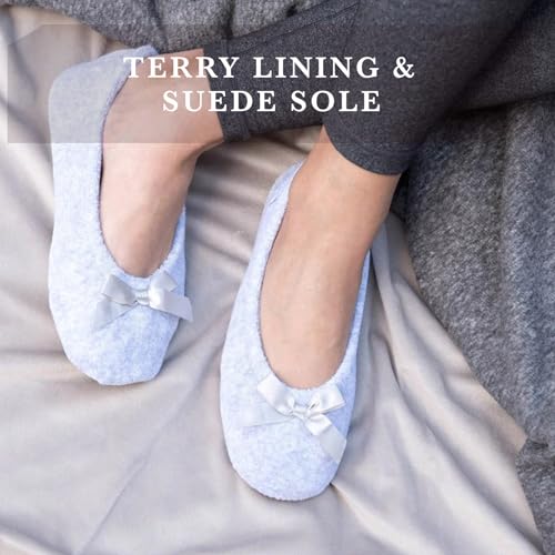 isotoner Women's 2 Pack Microterry Ballerina Slippers with Satin Bow, Suede Sole, and Terry Lining Ballet Flat, Light Grey Quilted, Navy Blue Solid, 9.5-10.5 - Image 5