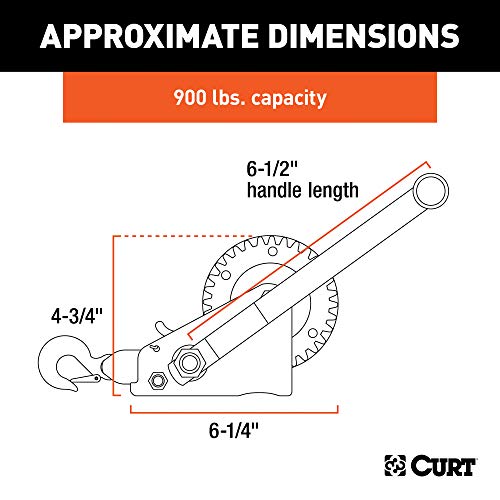 Curt وينش قارب يدوي CURT 29433 بيد دوارة، سعة 900 رطل، مقبض بطول 6-1/2 بوصة، نسبة تروس 3.25:1، حزام بطول 15 قدم - Image 2