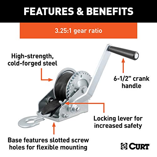 Curt وينش قارب يدوي CURT 29433 بيد دوارة، سعة 900 رطل، مقبض بطول 6-1/2 بوصة، نسبة تروس 3.25:1، حزام بطول 15 قدم - Image 3