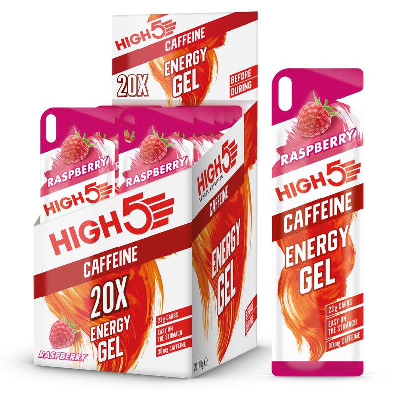 High5 Caffeine Gels Running - Glucose Shots for Instant Energy and Running Fuel - Natural Fruit Juice Energy Shots - Sports Gel for Running, Cycling, Ultra Marathon, Ironman (Raspberry, 20 x 40g) - Image 1