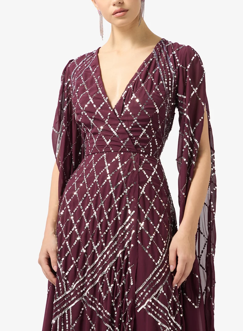 Amelia Rose v-neck drape sleeve sequin maxi dress