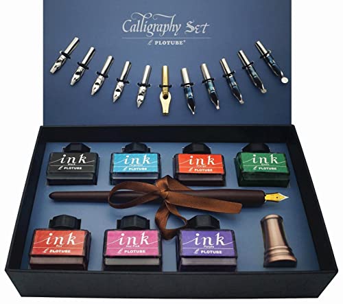 Plotube Calligraphy Pen Set – Includes Wooden Dip Pen, Antique Brass Holder, 11 Nibs, 7 Colors Ink Bottles and Beginner's Manual - Image 1