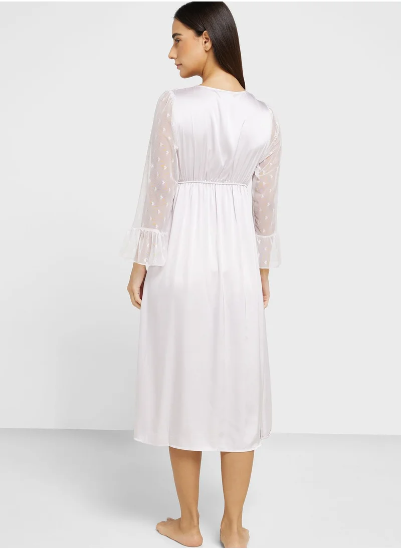 ELLA Lace Sleeve Satin Night Slip Dress