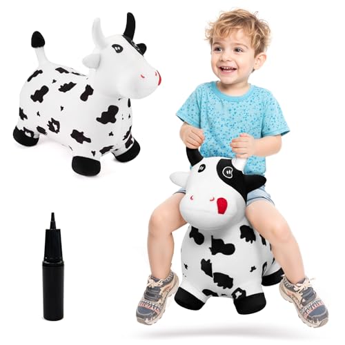EVERICH TOY Bouncy Horse Cow Toys Inflatable Bouncing Animal Hopping Toys Outdoor Indoor Ride on Bouncer Boys Girls Birthday Gift for 18 Month 2 3 4 5 6 Year Old Kid Plush Cow Toy - Image 1