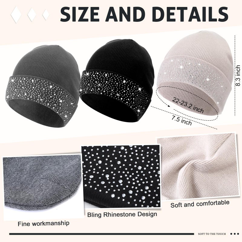 Cutecrop 3 Pcs Sparkly Rhinestone Winter Beanie Hats for Woman Cuff Beanie Cap for Ladies Crystal Knitted Skull Cap Bling Soft Ski Cap(Light Gray, Beige, Black) - Image 2