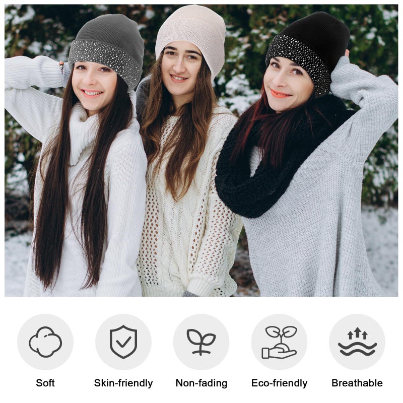 Cutecrop 3 Pcs Sparkly Rhinestone Winter Beanie Hats for Woman Cuff Beanie Cap for Ladies Crystal Knitted Skull Cap Bling Soft Ski Cap(Light Gray, Beige, Black) - Image 5