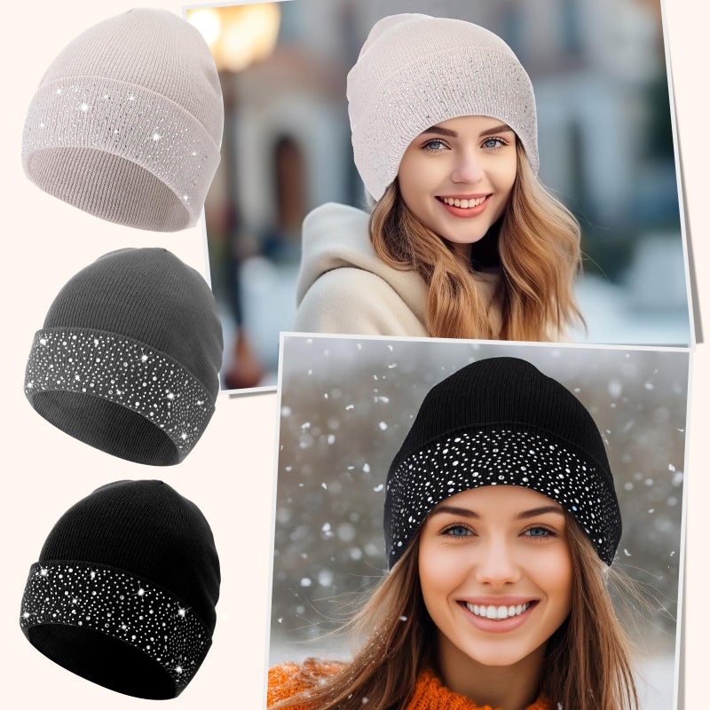 Cutecrop 3 Pcs Sparkly Rhinestone Winter Beanie Hats for Woman Cuff Beanie Cap for Ladies Crystal Knitted Skull Cap Bling Soft Ski Cap(Light Gray, Beige, Black) - Image 4
