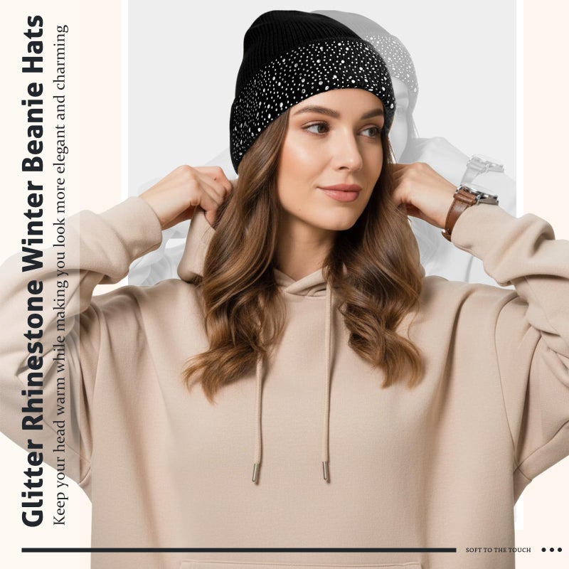 Cutecrop 3 Pcs Sparkly Rhinestone Winter Beanie Hats for Woman Cuff Beanie Cap for Ladies Crystal Knitted Skull Cap Bling Soft Ski Cap(Light Gray, Beige, Black) - Image 3