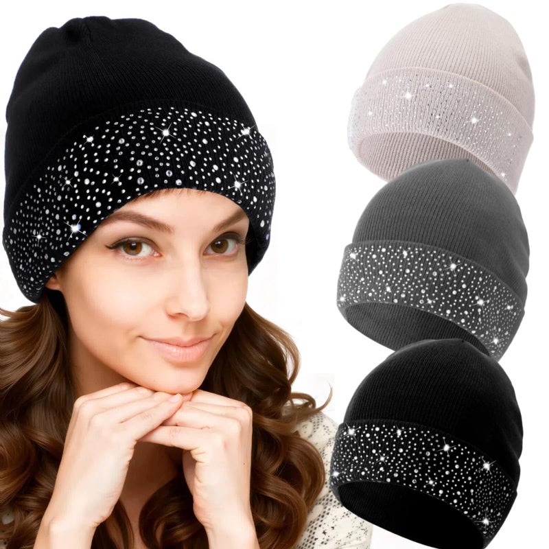 Cutecrop 3 Pcs Sparkly Rhinestone Winter Beanie Hats for Woman Cuff Beanie Cap for Ladies Crystal Knitted Skull Cap Bling Soft Ski Cap(Light Gray, Beige, Black) - Image 1