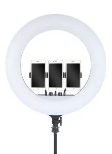 18 inch Dimmable Circle LED Studio Selfie Ring Light With 2.1 Meter Tripod Stand Remote And 3 Mobile Phone Holders For Makeup Camera Photography YouTube Video Shoot TikTok Vlog Live Stream Compatible