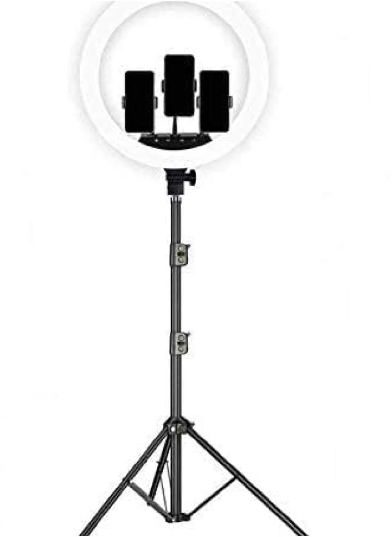 18 inch Dimmable Circle LED Studio Selfie Ring Light With 2.1 Meter Tripod Stand Remote And 3 Mobile Phone Holders For Makeup Camera Photography YouTube Video Shoot TikTok Vlog Live Stream Compatible