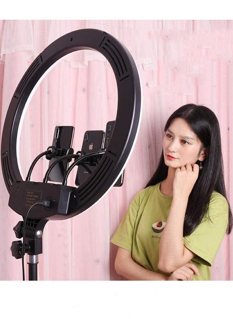 18 inch Dimmable Circle LED Studio Selfie Ring Light With 2.1 Meter Tripod Stand Remote And 3 Mobile Phone Holders For Makeup Camera Photography YouTube Video Shoot TikTok Vlog Live Stream Compatible