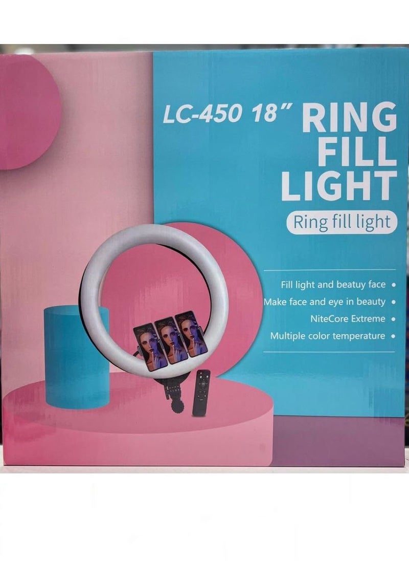 18 inch Dimmable Circle LED Studio Selfie Ring Light With 2.1 Meter Tripod Stand Remote And 3 Mobile Phone Holders For Makeup Camera Photography YouTube Video Shoot TikTok Vlog Live Stream Compatible
