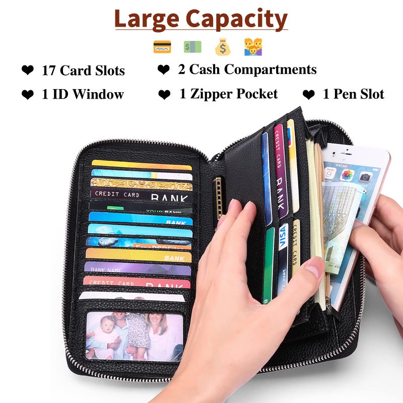 SENDEFN Leather Women's Wallets RFID Blocking Zip Around Large Capacity Long Credit Card Holder Wallet - Image 2