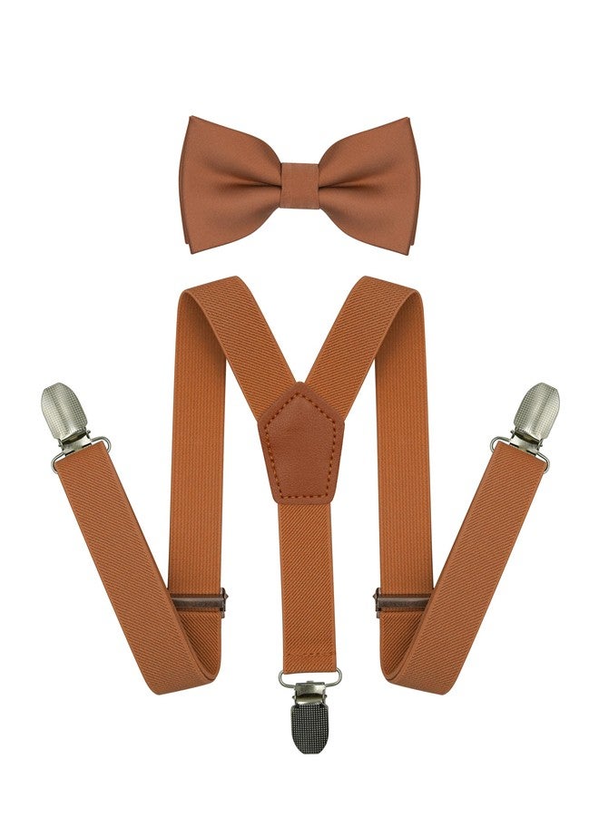 BEWDIO Adjustable Baby Boy Suspenders and Bow Tie, Pre-tied Kids Bowtie and Elastic Suspenders with 4 Strong Metal Clips, Brown, M - Image 1