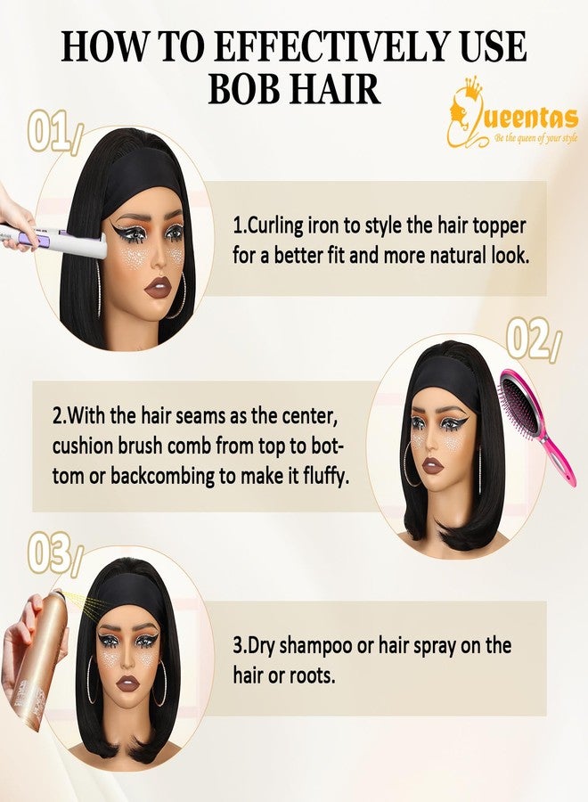QUEENTAS 13" Bob Headband Wigs for Black Women Natural Black Bob Straight Hair Synthetic Headband Wigs Shoulder Length No Lace Easy Put On and Go Glueless Wig(#1B) - Image 5