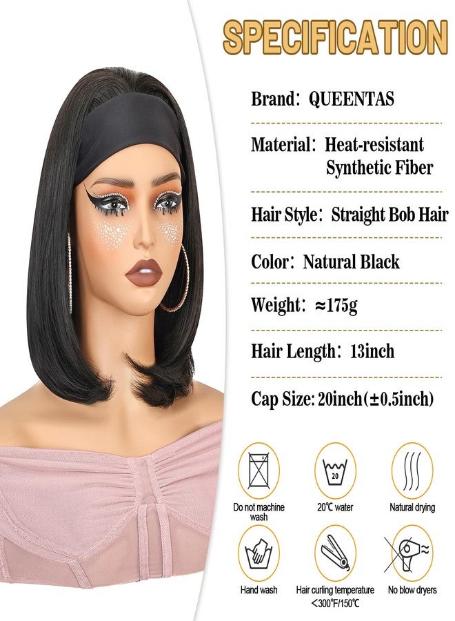 QUEENTAS 13" Bob Headband Wigs for Black Women Natural Black Bob Straight Hair Synthetic Headband Wigs Shoulder Length No Lace Easy Put On and Go Glueless Wig(#1B) - Image 2
