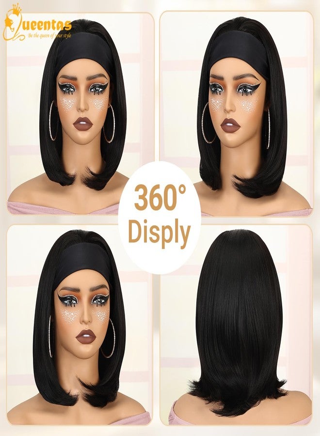 QUEENTAS 13" Bob Headband Wigs for Black Women Natural Black Bob Straight Hair Synthetic Headband Wigs Shoulder Length No Lace Easy Put On and Go Glueless Wig(#1B) - Image 3