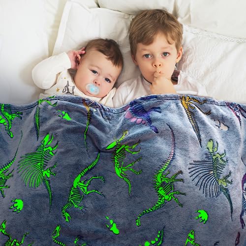 Gdindff Glow in The Dark Dinosaur Blanket for Boys Girls Kids Cute Dino Throw Blankets for Couch, Kids Fleece Blankets, Soft Warm Plush Dinosaur Toddler Blanket Luminous - Image 2