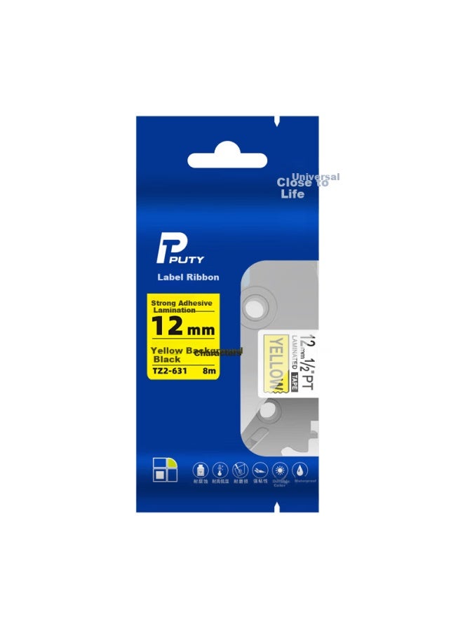 Puty Tz2-631 Label Tape 12mm Yellow Background Black Text Compatible With Brother Label Printers - Image 1