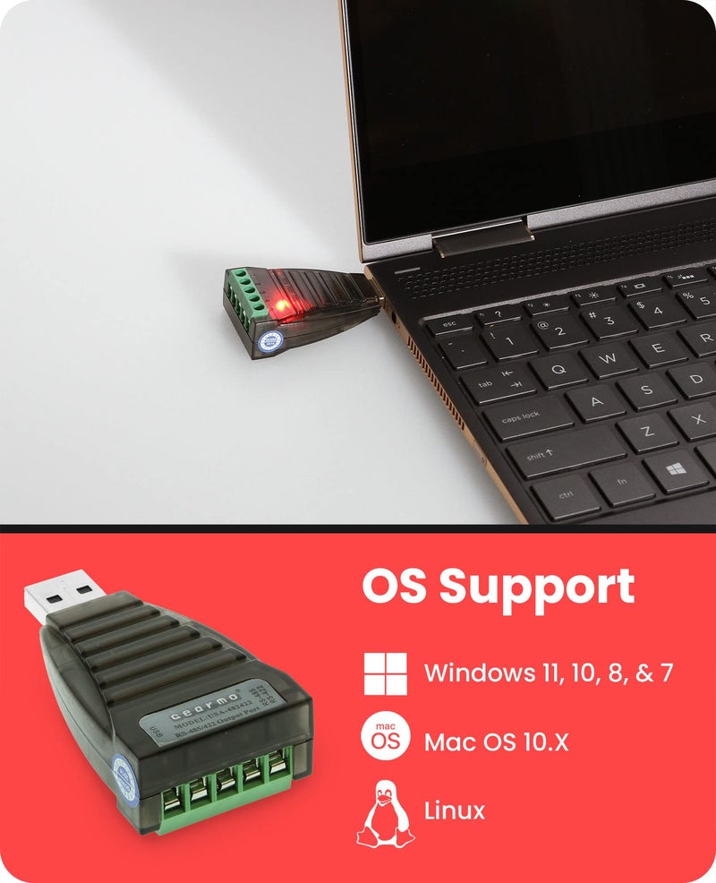 Gearmo محول USB إلى تسلسلي RS485/422 مع مؤشرات LED، مجموعة شرائح FTDI، موصلات طرفية، حماية ESD، دعم واسع لأنظمة التشغيل 2.5 × 1.44 × 0.5 بوصة 5-دبوس موصل طرفي USB نوع A أسود - Image 2