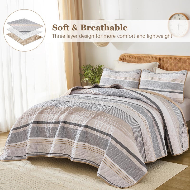 Dintszyayue King Size Quilts Khaki, 3 Pieces Grey Boho Striped Bedspread Bedding for King Size Bed, Soft Lightweight Microfiber Bohemian Coverlet Set for All Season Quilts with 2 Pillowcases - Image 2