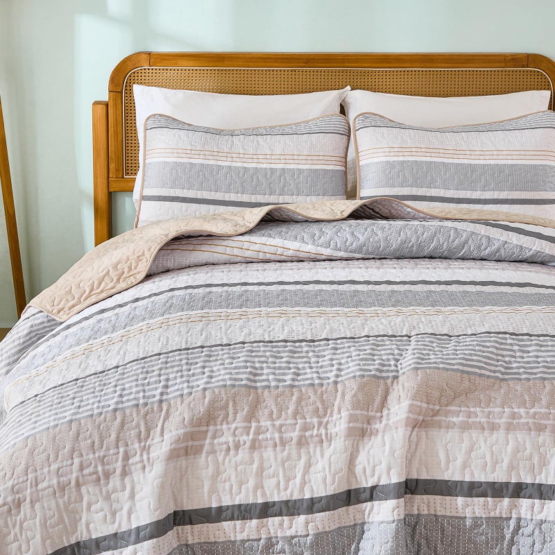 Dintszyayue King Size Quilts Khaki, 3 Pieces Grey Boho Striped Bedspread Bedding for King Size Bed, Soft Lightweight Microfiber Bohemian Coverlet Set for All Season Quilts with 2 Pillowcases - Image 5