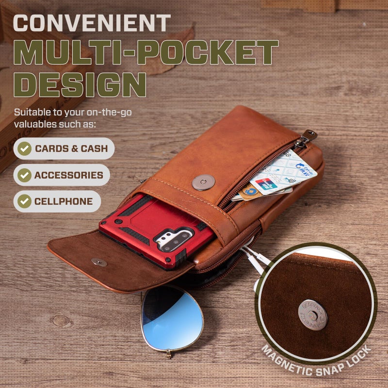 Hengwin Genuine Leather Crossbody Bag for Men/Women, Small Messenger Bag Cell Phone Purse Shoulder Holster Passport Pouch (Brown) - Image 3