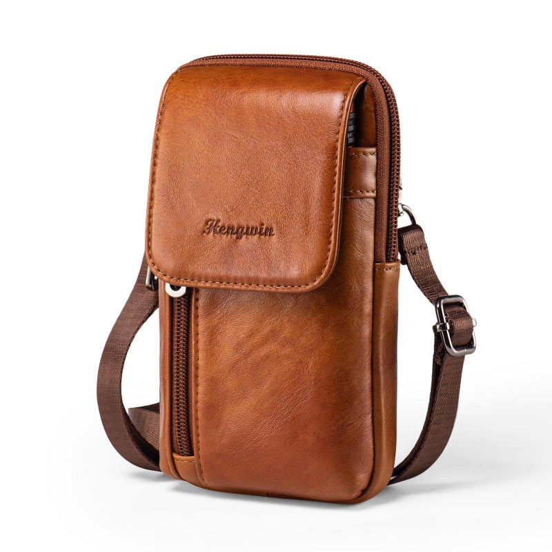 Hengwin Genuine Leather Crossbody Bag for Men/Women, Small Messenger Bag Cell Phone Purse Shoulder Holster Passport Pouch (Brown) - Image 1