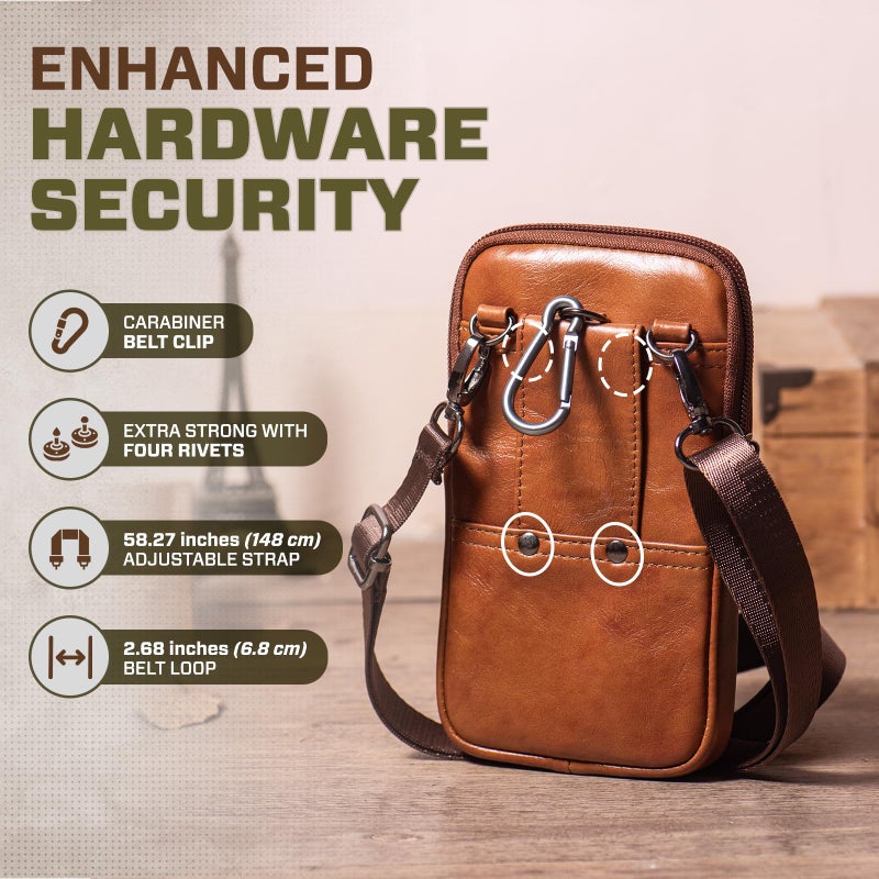Hengwin Genuine Leather Crossbody Bag for Men/Women, Small Messenger Bag Cell Phone Purse Shoulder Holster Passport Pouch (Brown) - Image 4