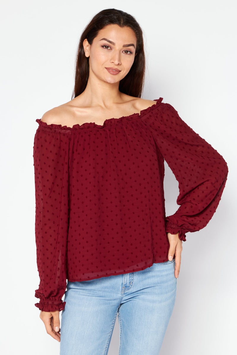 CeCe Women Off Shoulder Neckline Long Sleeves Embroidered Blouse, Maroon  - Image 1