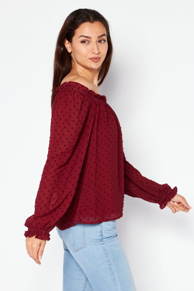 CeCe Women Off Shoulder Neckline Long Sleeves Embroidered Blouse, Maroon  - Image 3