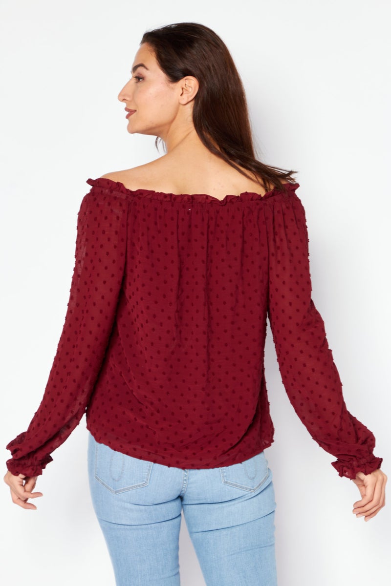 CeCe Women Off Shoulder Neckline Long Sleeves Embroidered Blouse, Maroon  - Image 4