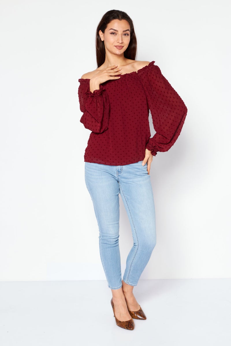 CeCe Women Off Shoulder Neckline Long Sleeves Embroidered Blouse, Maroon  - Image 2